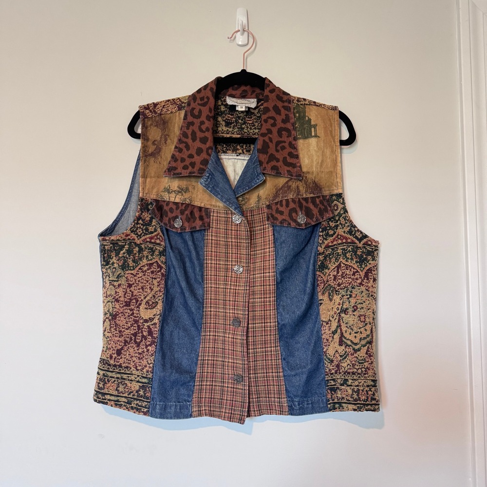 Vintage Stonebridge Patchwork Denim Vest Cheetah Paisley Plaid Size 1x
